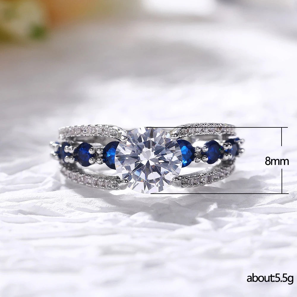 Women Engagement Wedding Rings Fashion Jewelry Elegant Crystal Diamond Blue Titanium Steel Silver S925 Rings(ID03)
