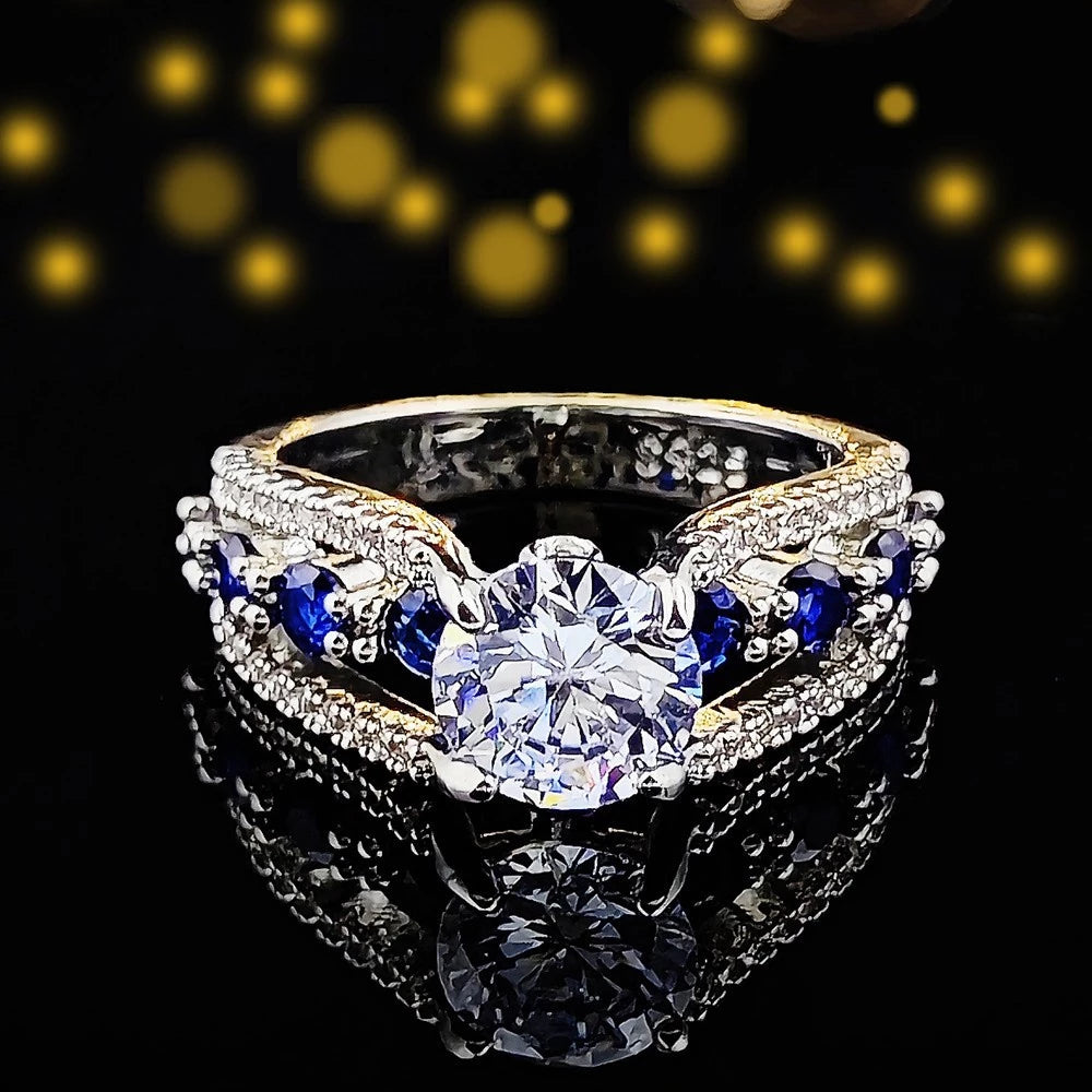 Women Engagement Wedding Rings Fashion Jewelry Elegant Crystal Diamond Blue Titanium Steel Silver S925 Rings(ID03)