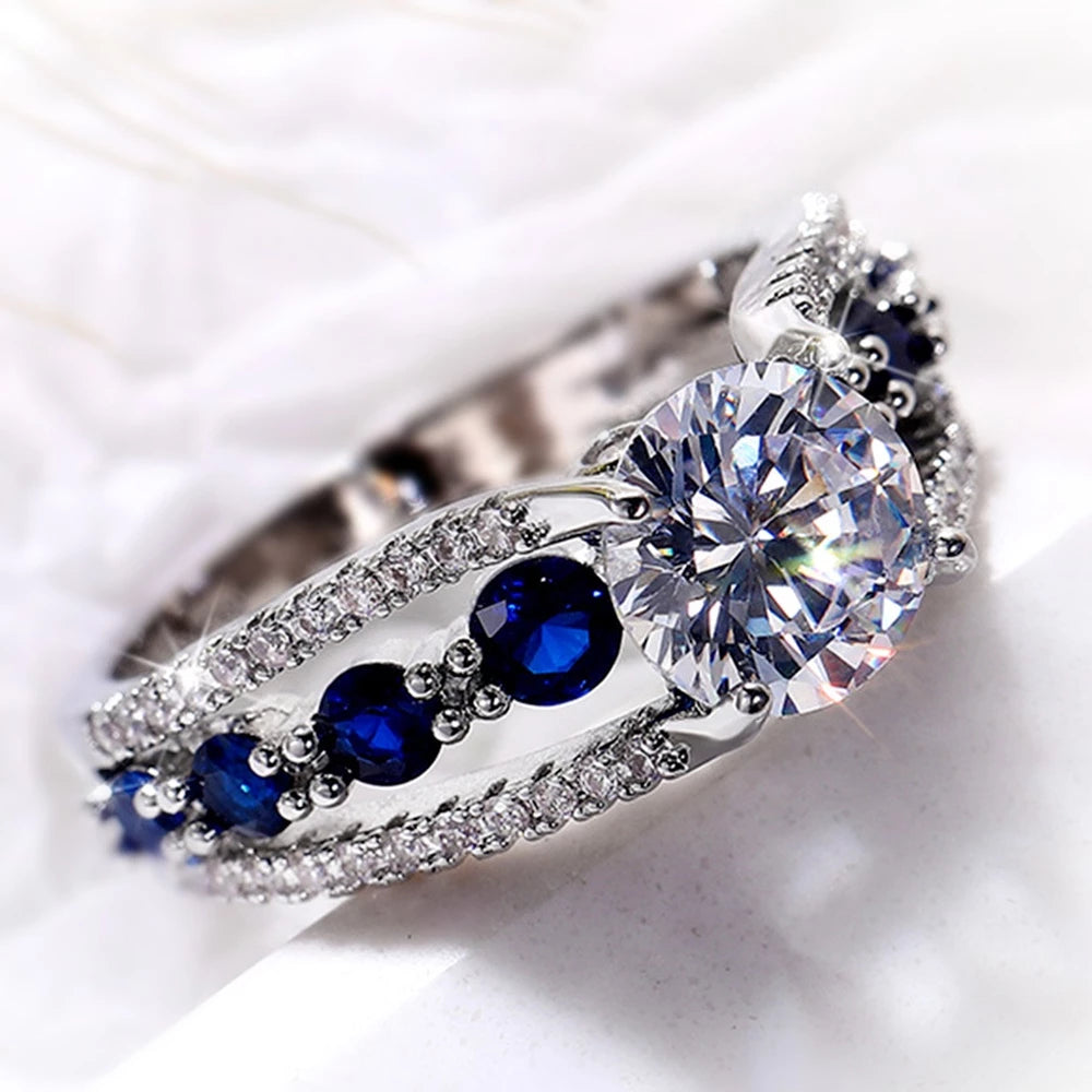 Women Engagement Wedding Rings Fashion Jewelry Elegant Crystal Diamond Blue Titanium Steel Silver S925 Rings(ID03)