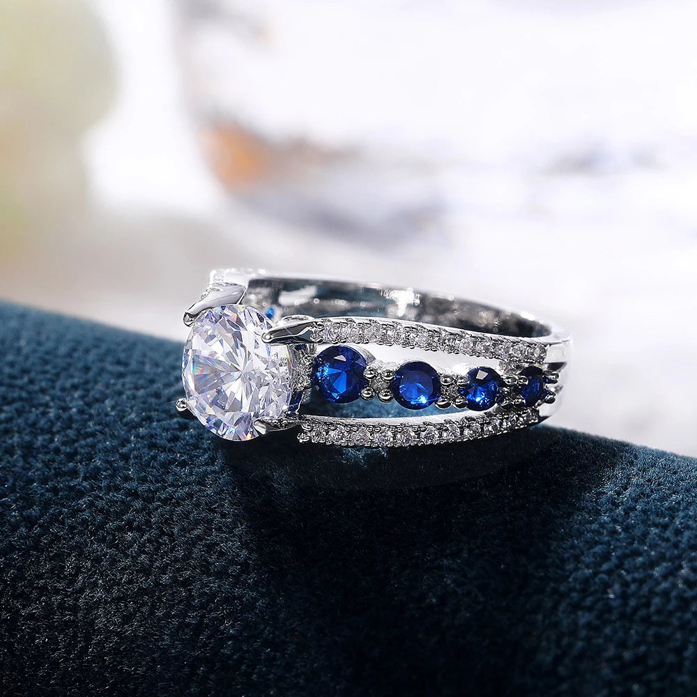 Women Engagement Wedding Rings Fashion Jewelry Elegant Crystal Diamond Blue Titanium Steel Silver S925 Rings(ID03)
