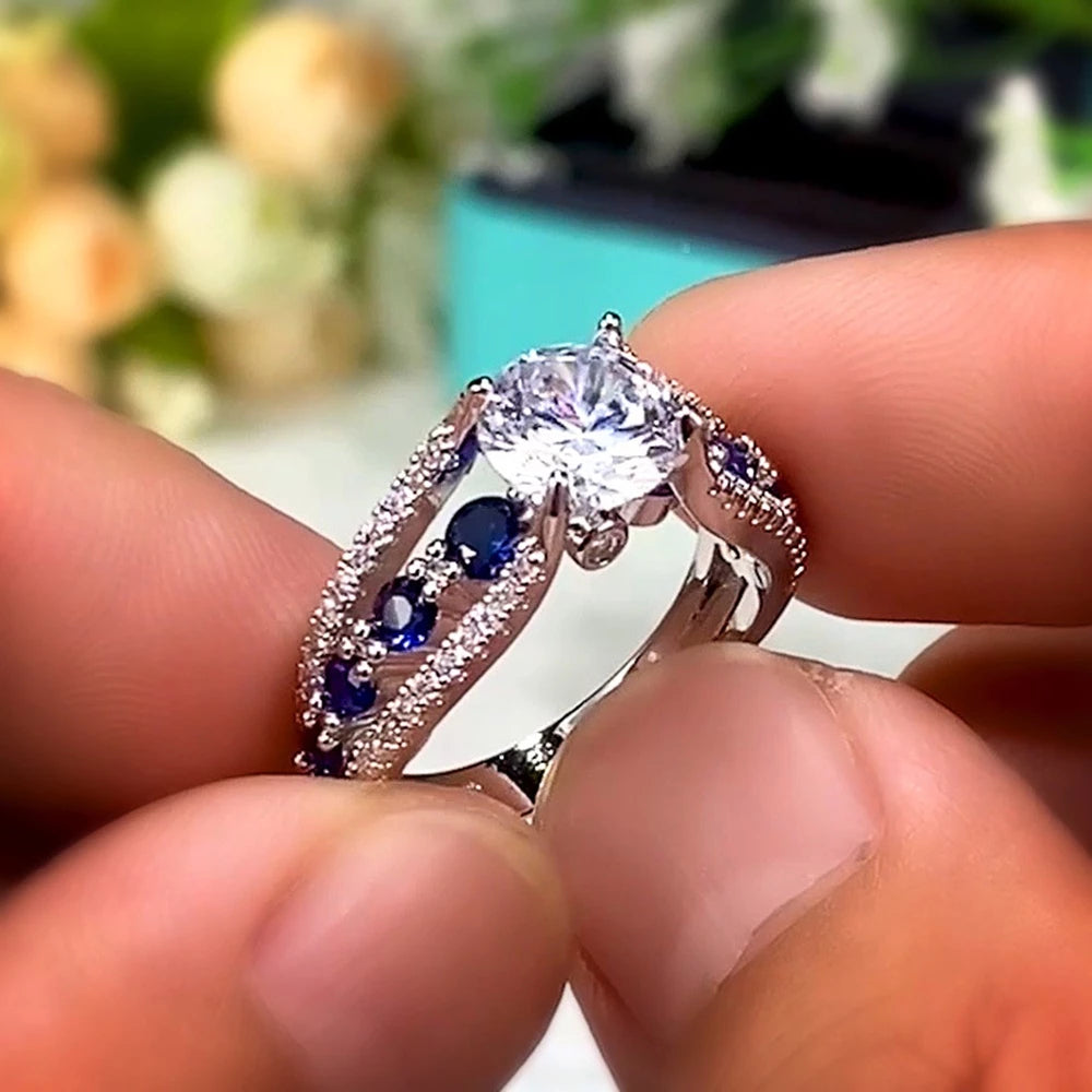 Women Engagement Wedding Rings Fashion Jewelry Elegant Crystal Diamond Blue Titanium Steel Silver S925 Rings(ID03)