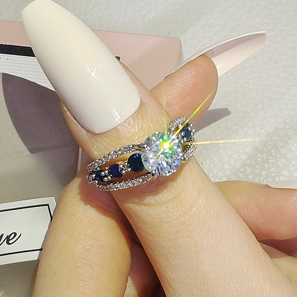 Women Engagement Wedding Rings Fashion Jewelry Elegant Crystal Diamond Blue Titanium Steel Silver S925 Rings(ID03)