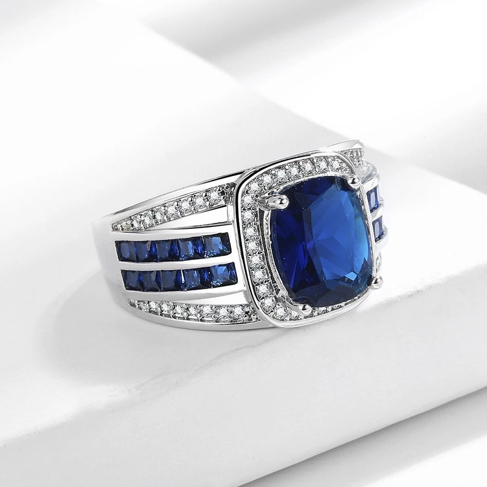 Elegant Sapphire Wedding Men Ring Zircon Silver Titanium Steel Blue Crystal(ID02)