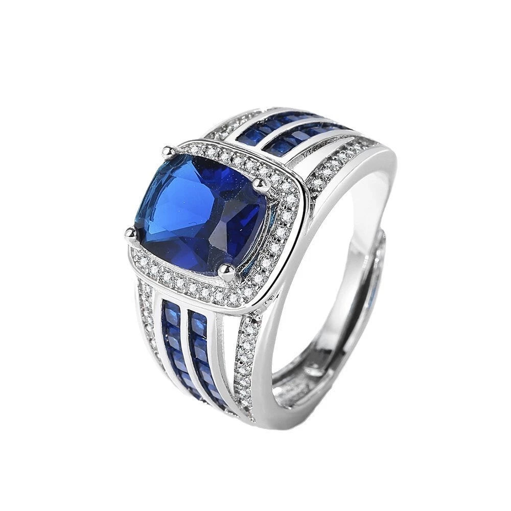 Elegant Sapphire Wedding Men Ring Zircon Silver Titanium Steel Blue Crystal(ID02)